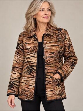 Vintage Tapestry Tiger Print Jacket – Earth Tones – Statement Buttons